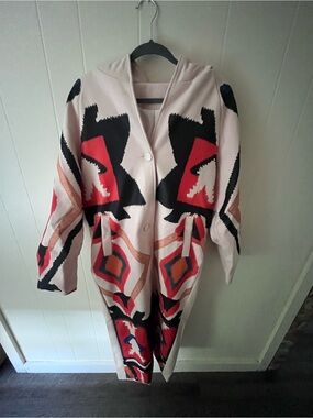 Bold Geometric Pattern Hooded Coat - Pink, Red & Black